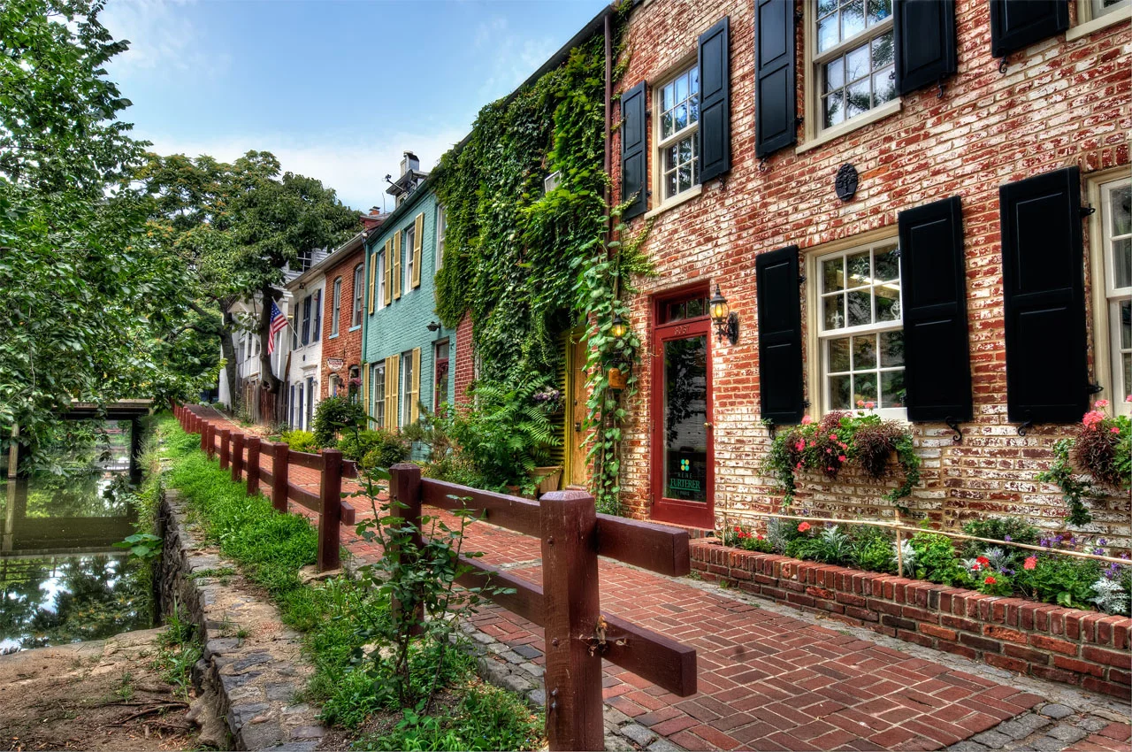 Tree-lined brick homes in Georgetown
